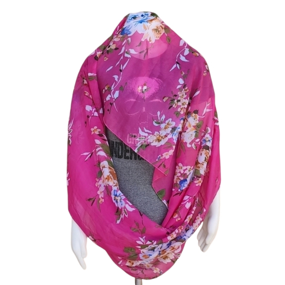 VINTAGE Oversized Infinity Chiffon Scarf Floral Wrap Shabby Chic Cottagecore - Picture 9 of 13